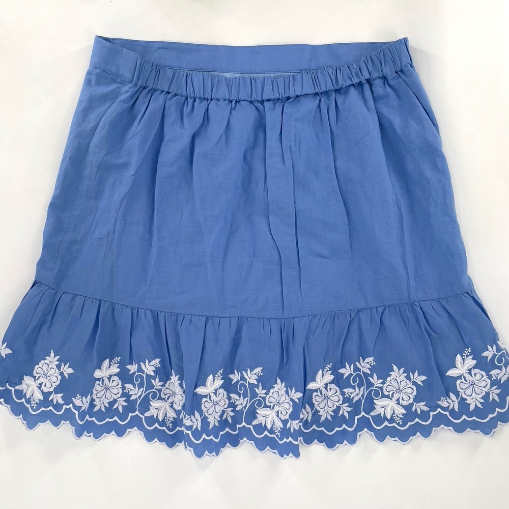 J Crew Women L Midi Skirt Linen Blue White Floral Coastal Beach